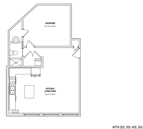 Floor plan for 1 bed, 1 bath, 850 sqft